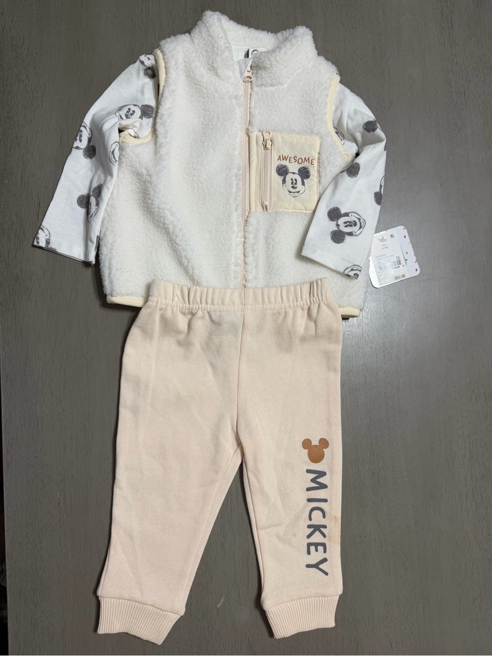 Mickey Mouse Three-Piece Lounge Set with Vest - White & Cream Size 6-9M NWT